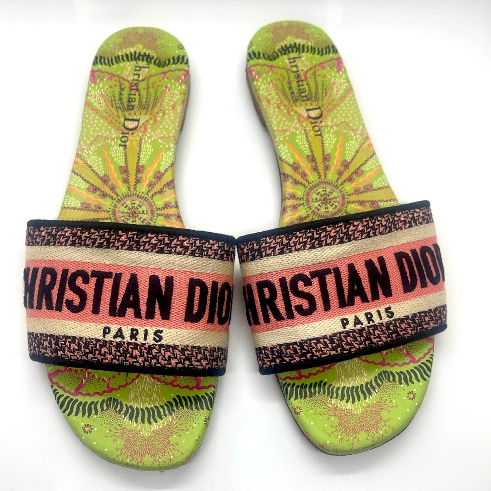 Christian Dior In Lights Dway Green Pink Embroidered Logo Slide Flat Sandal